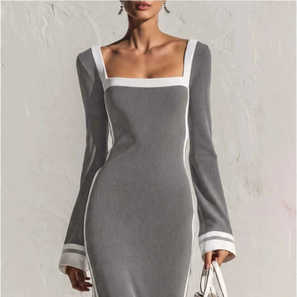 H&M   Elegant Vintage White Trim Square Neck Light Gray Maxi Dress